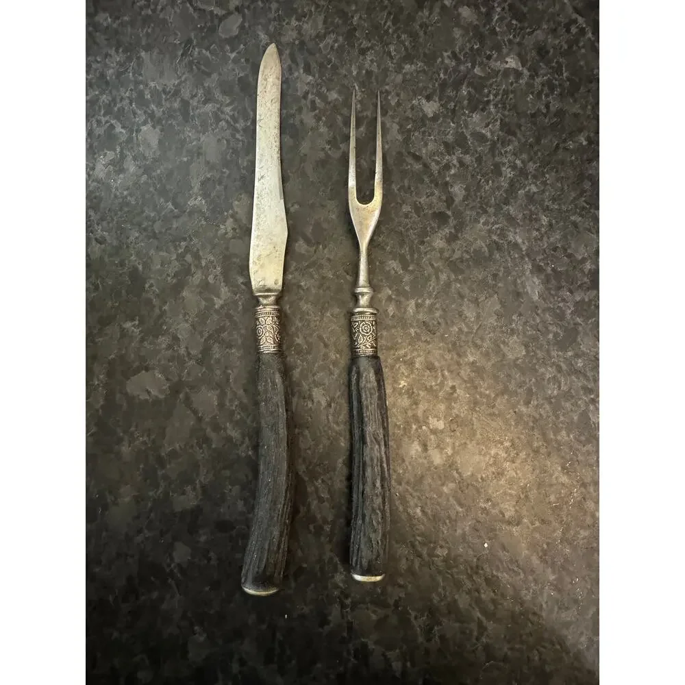 Antique Stag Handle Carving Knife & Fork Set Silver Ferrule Victorian Era